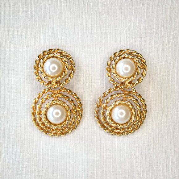 Vintage Gold-Tone and Faux Pearl Drop Earrings - Picture 9 of 11